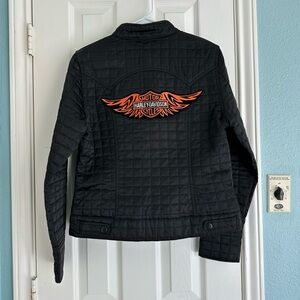 Gap Quilted Black Motorcycle Jacket w/ Harley Davidson Logo on Back.  Size Med